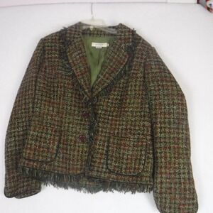 VTG Melrose Women's Tweed Blazer Jacket Green Brown Rust Fringe Size 16 Office